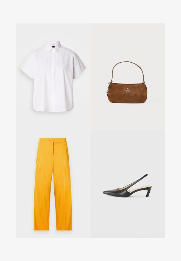Fehér, rövid ujjú, gombos ing, hegyes gallérral és ívelt alsó résszel. Pamutból készült, sima textúrával és látható minták nélkül.; Fényes sárga, széles lábú nadrág sima anyagból, tiszta dizájnnal, elülső plisszírozással és lapos derékpánttal.; Fekete, hegyes orrú, slingback cipő alacsony sarkával, sima bőrből készült, oldalt kivágott deisgnal a légáteresztőképesség érdekében.; Barna velúr kézitáska rövid pánttal. Ezüst logóval, csillag díszítéssel és sima textúrával rendelkezik. Kompakt, téglalap alakú.