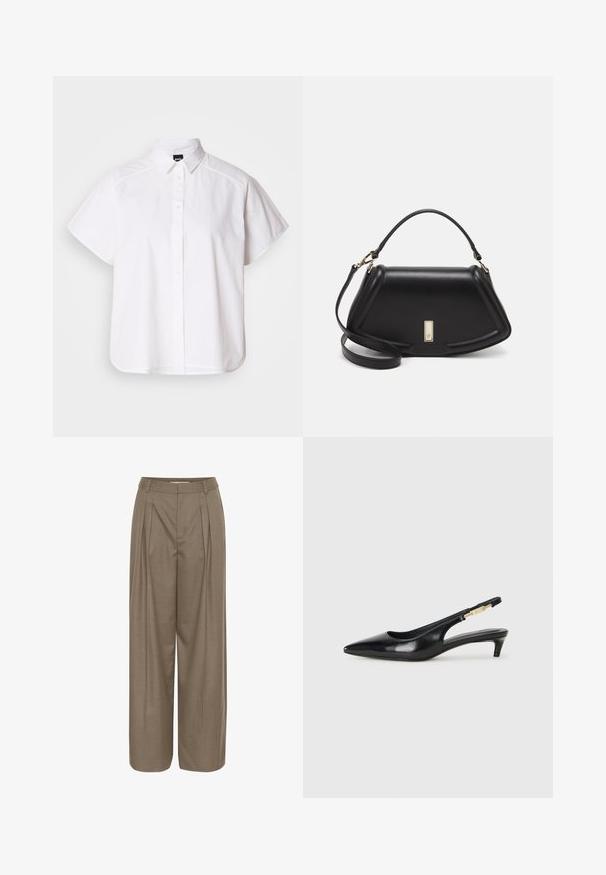 Weißes kurzärmliges Hemd mit Knopfleiste, spitzem Kragen und abgerundetem Saum. Hergestellt aus Baumwolle mit glatter Textur und ohne sichtbare Muster.; Plissierte, weit geschnittene Hosen aus einem hellbraunen Stoff, mit einem strukturierten Bund und einer glatten Textur, entworfen für Komfort und Vielseitigkeit.; Schwarze Leder-Slingback-Pumps mit spitzem Schuhblatt, ausgestattet mit einem schlanken Absatz und einem goldfarbigen Akzent am verstellbaren Riemen. Glatte Textur.; Schwarze Lederhandtasche mit einem strukturierten Design, das eine verkürzte Form, einen oberen Griff und goldfarbene Hardware-Details aufweist. Verstellbarer Schulterriemen ist enthalten.