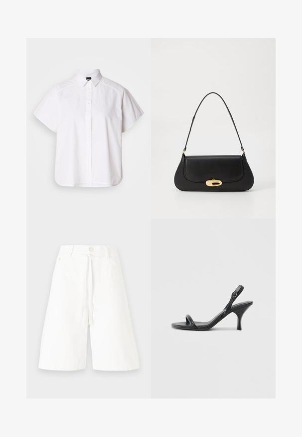 White short-sleeve button-up shirt with a pointed collar and curved hem. Made from cotton with a smooth texture and no visible patterns.; White denim culottes featuring a mid-rise waist, front tie detail, and wide legs. A simple design with no visible patterns or embellishments.; Black leather high-heeled sandals with a slim, curved heel and a crossed strap design. Adjustable ankle strap. Smooth texture.; Black leather handbag with a curved design, gold-tone hardware, and a top handle. Features a sleek closure and smooth texture.