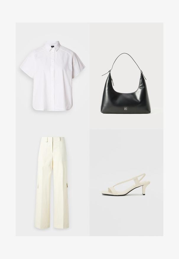 Valge lühikeste varrukatega nööpidega särk, millel on terav krae ja kõver hems. Valmistatud puuvillast, millel on sile tekstuur ja nähtamatud mustrid.; Laia lahtiste jalgadega cargo-püksid heledast kreemivärvi kangast, millel on lapitaskud, kõrge vöökoht ja külgtaskud, mis aitavad lisada detaili ja funktsionaalsust.; Beez blok-kandadesed õhukeste rihmadega ja ruudukujulise varbaga. Sile materjal minimaalsete detailidega, kujundatud mugavaks kandmiseks.; Must musta nahk õlakott, millel on kumer ülaosa, ühe olaga rihm, lukuga sulgur ja väike hõbedane logo embleem esiküljel keskel.