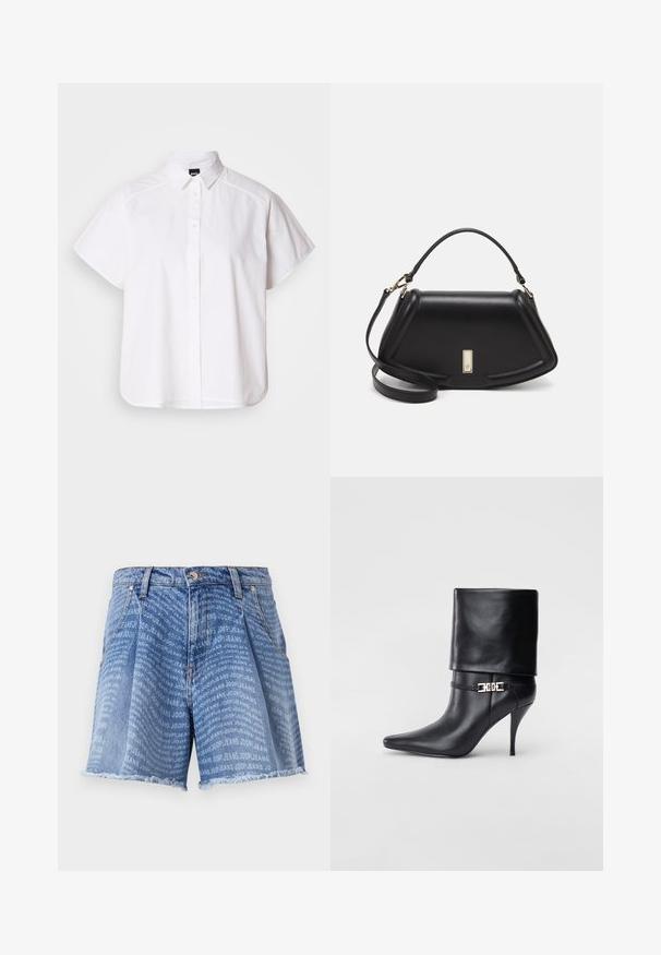 Vit kortärmad skjorta med knappar, spetthals och rundad nederkant. Tillverkad av bomull med en slät textur och inga synliga mönster.; Ljusblå denimshorts med en blekt tvätt, som har ett upprepat tryck av "JOOP! JEANS" över hela. Fransad fåll ger textur.; Svart läderankelstövel med spetsig tå, hög stilettklack, vikbar mudd och ett dekorativt guldfärgat spänne på ankeln.; Svart läderhandväska med en strukturerad design, som har en avskuren form, ett handtag upptill och guldiga detaljer. Justerbar axelrem ingår.