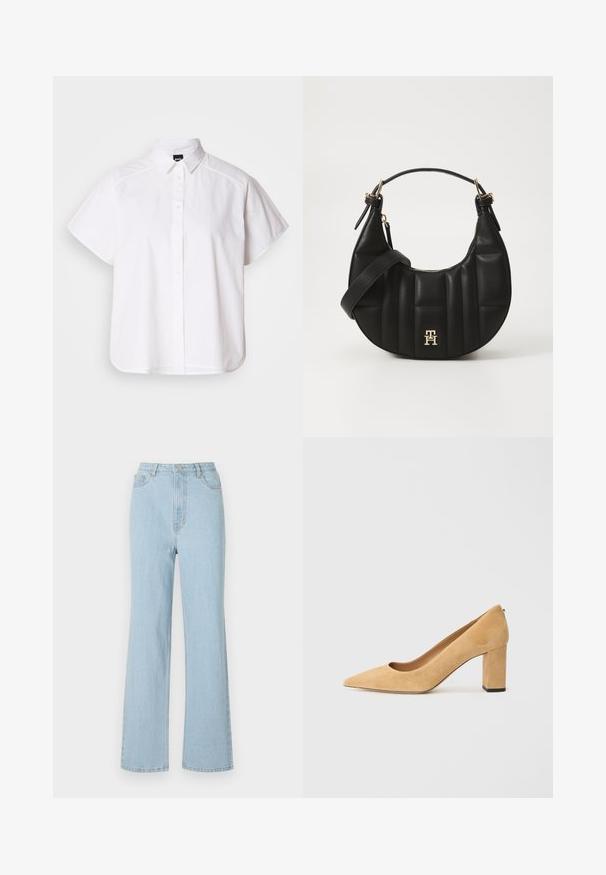 Valge lühikeste varrukatega nööpidega särk, millel on terav krae ja kõver hems. Valmistatud puuvillast, millel on sile tekstuur ja nähtamatud mustrid.; Heledad sinine teksarihm, millel on kõrge vöökoht, lõdvestatud sobivus, laiad jalad ja klassikaline viie taskuga disain. Omab metallist nööbi ja luku sulgemist.; Beežist nubukist kõrge kontsaga kingad, millel on terav nina ja massiivne plokkkonts. Materjal on pehme tekstuuriga ja sileda pinnaga.; Must või empaankäe disainiga must nahkrahakott, millel on tepitud tekstuur ja kullatud detailid. Omab eemaldatavat õlapaela ja logo detaili.