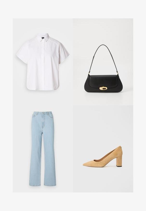 Fehér, rövid ujjú, gombos ing, hegyes gallérral és ívelt alsó résszel. Pamutból készült, sima textúrával és látható minták nélkül.; Világoskék farmer, magas derékú, laza fazonú, széles lábú nadrág, klasszikus öt zsebes kialakítással. Fém gombbal és cipzárral záródik.; Beige velúr magassarkú cipő, hegyes orral és tömzsi sarokkal. Az anyag puha tapintású, sima felületű.; Fekete bőr táska ívelt kialakítással, arany színű fémrészletekkel és felső fogantyúval. Csúszásmentes záródás és sima textúra jellemzi.