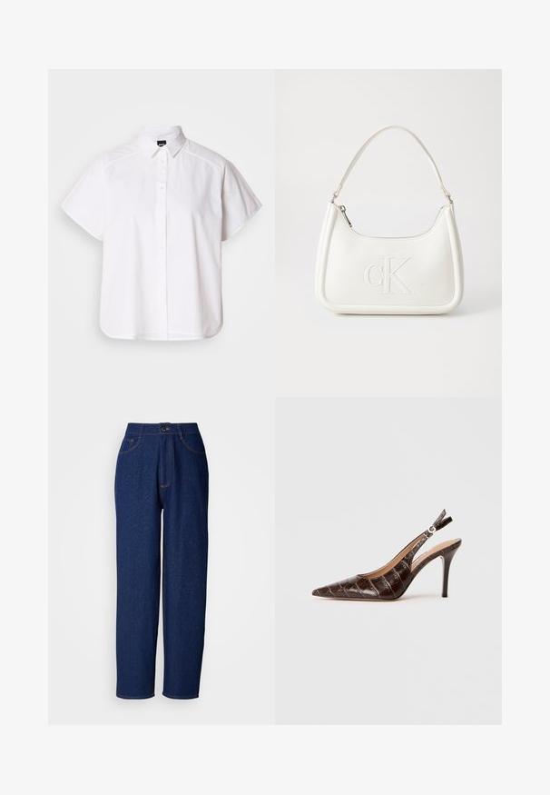 Vit kortärmad skjorta med knappar, spetthals och rundad nederkant. Tillverkad av bomull med en slät textur och inga synliga mönster.; Mörkblå denimbyxor med vida ben och hög midja, prydda med orangea sömmar, framfickor och knappstängning. Slät textur med subtila prickar.; Brun, krokodilmönstrad läder slingback pumps med spetsig tå, öppna sidor och en tunn hög klack. Utformad med justerbart spänne.; Vit läderhandväska med en böjd form, som har en präglad "CK"-logotyp på framsidan och ett enda axelband. Dragkedjestängning upptill.