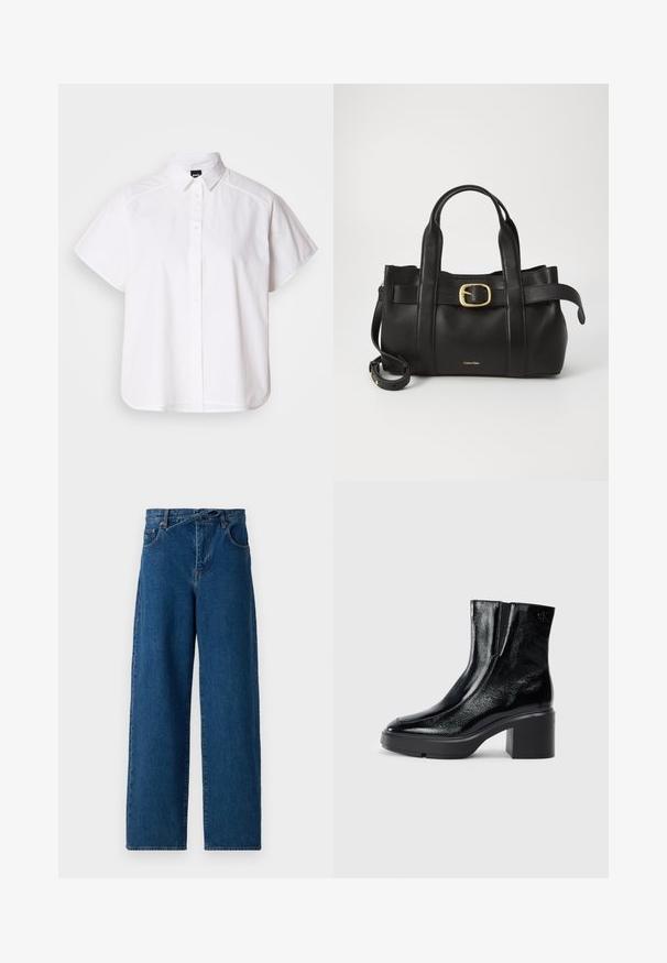 Balta trumpomis rankovėmis marškinėlių su atlenkiamu apykakle ir kreiva apačia. Pagaminta iš medvilnės, su sklandžiu paviršiumi ir be matomų raštų.; Plati kojų džinsai tamsiai mėlynos spalvos. Aukštos juosmens dizainas su diržo kilpomis ir priekinėmis kišenėmis. Lygi tekstūra ir klasikinis penkių kišenių stilius.; Juodi lakiniai auliniai batai iki kulkšnies, su išlenktu pirštu, elastinėmis šoninėmis panelėmis ir masyviu blokuotu kulnu. Apdailoje užpakalinėje dalyje įspaustas logotipas.; Juodas odinis rankinės maišas su struktūrizuotu dizainu, dviem viršutinėmis rankenomis, auksinės spalvos sagtimi ir iškilniu prekės ženklu priekyje.