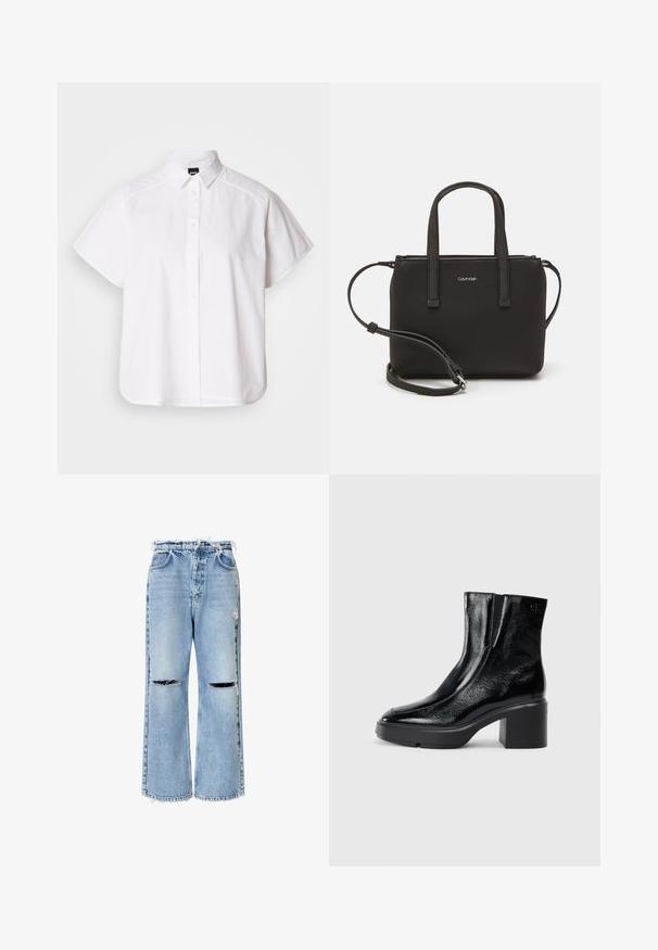 Balta īsajām piedurknēm krekls ar pogām un norādītu apkakli, kā arī viļņotu apakšmalu. Izgatavots no kokvilnas ar gludu tekstūru un bez redzamām rakstām.; Gai zils džinsu bikses ar plašu kāju, izsistiem galiem un diviem nolietotiem ceļu caurumiem, aprīkotas ar standarta piecu kabatu dizainu.; Melnas lakotas ādas potītes zābaki ar izliekto purngalu, elastīgām sānu paneļiem un masīvu blokveida papēdi. Aizmugurē ir izsistā logo.; Melns roku soma ar divām īsām rokturiem un noņemamu plecu siksnu. Gluda ādas līdzīga materiāla ar rāvējslēdzēja aizdari un logos detaļu.