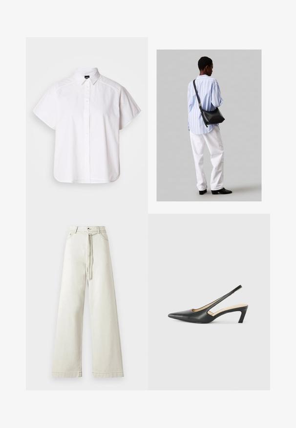 Balta trumpomis rankovėmis marškinėlių su atlenkiamu apykakle ir kreiva apačia. Pagaminta iš medvilnės, su sklandžiu paviršiumi ir be matomų raštų.; Šviesiai kreminės plačios kelnės, pagamintos iš džinsinio audinio, su aukštu liemeniu, mygtuko užsegimu ir audiniu priderintu diržu. Lygus paviršius su švelniu blizgesiu.; Juodas smailus slingback batelis su žemu kulnu, pagamintas iš lygaus odos paviršiaus ir su išpjovomis šone, užtikrinančiomis oro pralaidumą.; Juodas odinis petinis krepšys su minkšta tekstūra, trikampiu pavidalu ir reguliuojama juosta, derinamas su šviesiai mėlynu dryžuotu marškinėliu ir baltais džinsais.