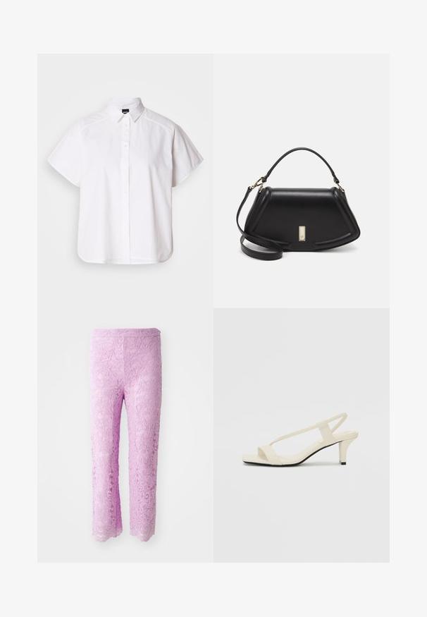 Chemise blanche à manches courtes, à boutons, avec un col pointu et un ourlet arrondi. Fabriquée en coton, elle possède une texture lisse et sans motifs visibles.; Pantalons en dentelle rose avec un ourlet festonné, présentant des motifs floraux complexes. Le tissu semble léger et texturé, conçu pour une silhouette ajustée.; Sandales beiges à talons carrés avec des fines brides et un bout carré. Matière lisse avec des détails minimaux, conçues pour un port facile.; Sac à main en cuir noir avec un design structuré, featuring une forme cropped, une poignée supérieure et des accents en matériel doré. Bandoulière réglable incluse.