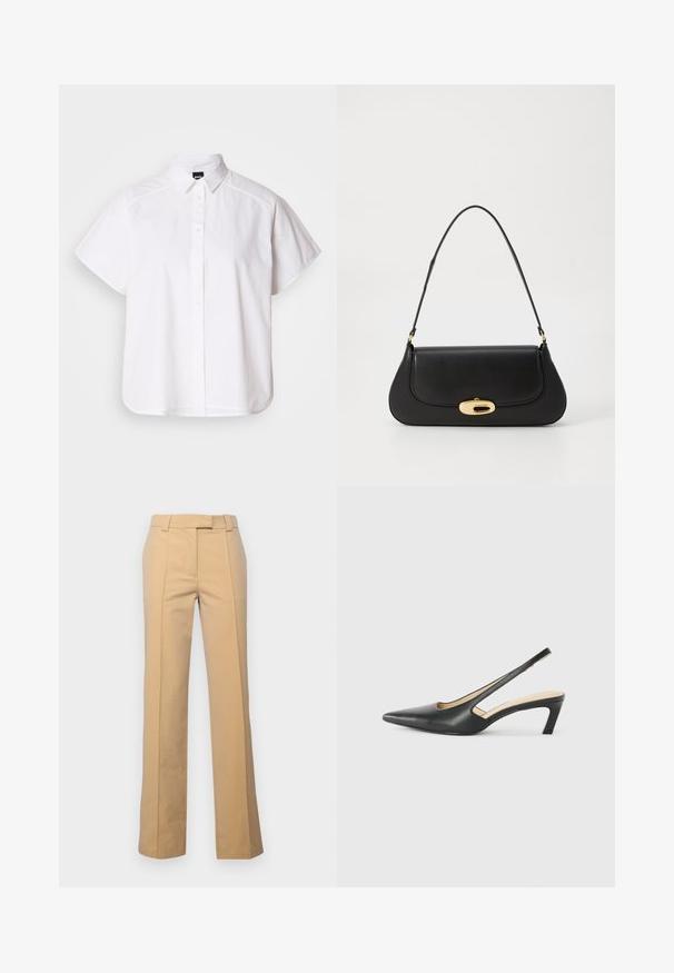 Camisa blanca de manga corta con botones, cuello con puntas y dobladillo curvado. Fabricada en algodón con una textura suave y sin patrones visibles.; Pantalones beige de corte entallado fabricados en una mezcla de algodón con un ajuste de pierna recta, que presentan pliegues delanteros y bolsillos laterales.; Zapato negro de punta afilada tipo slingback con un tacón bajo, que presenta un material de cuero suave y un diseño recortado en el lateral para mayor transpirabilidad.; Bolso de mano de cuero negro con un diseño curvado, herrajes en tono dorado y un mango superior. Presenta un cierre elegante y una textura suave.