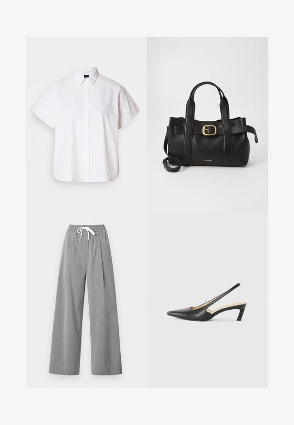 Witte kortemouw overhemd met knopen, voorzien van een puntige kraag en een gebogen zoom. Gemaakt van katoen met een gladde textuur en zonder zichtbare patronen.; Grijze wijde allelengte broeken van lichtgewicht stof met een geplooide voorkant en een elastische tailleband met een witte trekkoord.; Zwarte puntige slingback schoen met een lage hak, gemaakt van soepel leer en voorzien van een uitsnede aan de zijkant voor ventilatie.; Zwarte leren handtas met een gestructureerd ontwerp, dubbele handgrepen aan de bovenkant, een gouden gespaccent en een geperst merklogo aan de voorkant.