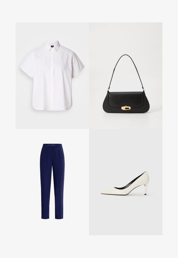 Fehér, rövid ujjú, gombos ing, hegyes gallérral és ívelt alsó résszel. Pamutból készült, sima textúrával és látható minták nélkül.; Sötétkék nadrág sima anyagból, testhezálló szabással, elülső redőkkel és közepes magas derekú derékkal.; Fehér lakkbőr, hegyes orrú, magas sarkú cipő, vékony sarokkal és fekete belső díszítéssel. Simább textúra és elegáns kivitel.; Fekete bőr táska ívelt kialakítással, arany színű fémrészletekkel és felső fogantyúval. Csúszásmentes záródás és sima textúra jellemzi.