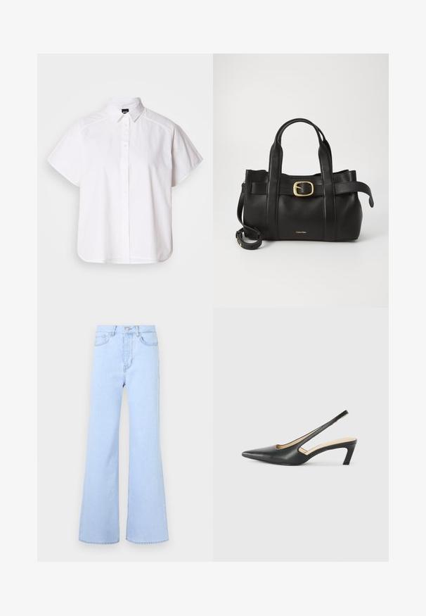 Valge lühikeste varrukatega nööpidega särk, millel on terav krae ja kõver hems. Valmistatud puuvillast, millel on sile tekstuur ja nähtamatud mustrid.; Heledad sinine paanega teksad kõrge vöökohaga, viie taskuga, nööbikäiga ja ühtlase denimi tekstuuriga. Äär on korralikult õmmeldud.; Must mustaga, terav varvas, madala kontsaga sildiga king, mis on valmistatud siledast nahast ja mille küljel on lõike disain hingavuse tagamiseks.; Must mustraga nahkakott, millel on struktureeritud disain, kaks ülemist kanda, kuldse tooni pandla aktsent ja esiküljel embosseeritud brändi logo.