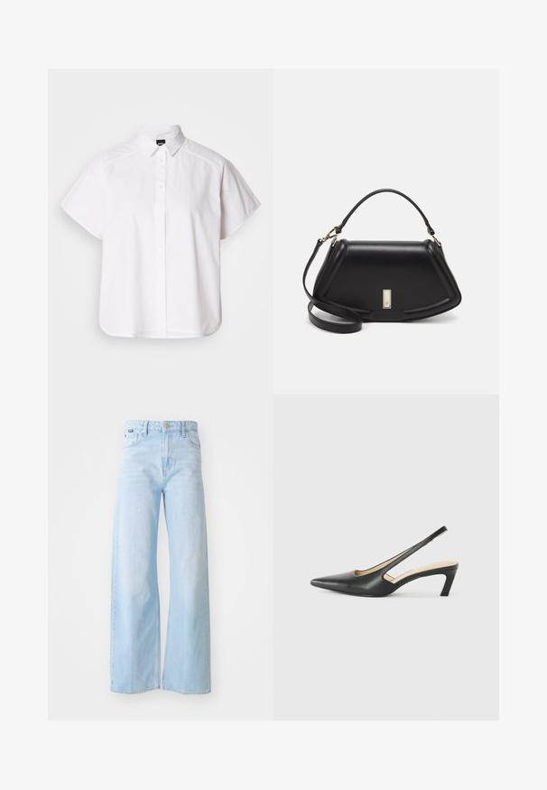 Camisa branca de manga curta com botões, colarinho pontudo e bainha curva. Feita de algodão com uma textura suave e sem padrões visíveis.; Calças de ganga de perna larga, azul claro, feitas de denim, com uma cintura alta, bolsos frontais, fecho com botão e detalhes de costura na bainha.; Sandal com bico fino e calcanhar baixo, em couro liso, com um design recortado na lateral para respirabilidade.; Bolsa de couro preta com um design estruturado, apresentando uma forma cropped, alça superior e detalhes em metal dourado. Inclui uma alça de ombro ajustável.