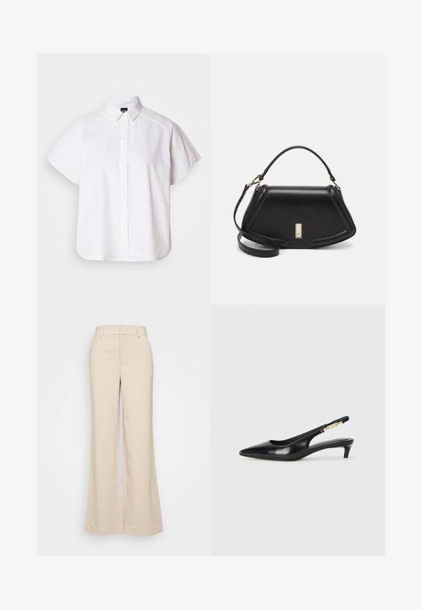 Witte kortemouw overhemd met knopen, voorzien van een puntige kraag en een gebogen zoom. Gemaakt van katoen met een gladde textuur en zonder zichtbare patronen.; Beige wijduitlopende broek met een gladde textuur, voorzien van een hoge tailleband en twee voorzakken. Schoon ontwerp met een getailleerde pasvorm.; Zwarte leren slingback hakken met een spitse neus, voorzien van een slanke hak en een goudkleurige accent op de verstelbare band. Gladde textuur.; Zwarte leren handtas met een gestructureerd ontwerp, featuring een verkorte vorm, bovenhandvat en gouden hardwareaccent. Inclusief verstelbare schouderband.