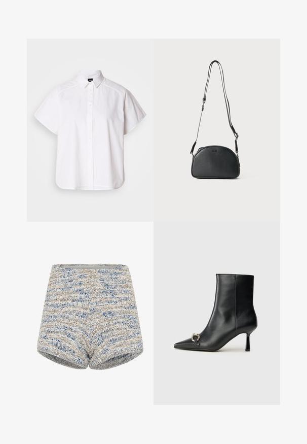 Witte kortemouw overhemd met knopen, voorzien van een puntige kraag en een gebogen zoom. Gemaakt van katoen met een gladde textuur en zonder zichtbare patronen.; Geweven shorts met een gestructureerde stof in blauw en beige strepen, een rechte tailleband en een getailleerd silhouet.; Zwarte leren enkelboot met spitse neus, slanke middenhoge hak en zilveren gespdetail aan de zijkant op een effen achtergrond.; Zwarte leren schoudertas met een ronde vorm, twee verstelbare banden en een subtiel logo op de voorkant. Gestructureerde buitenkant, minimalistisch ontwerp.