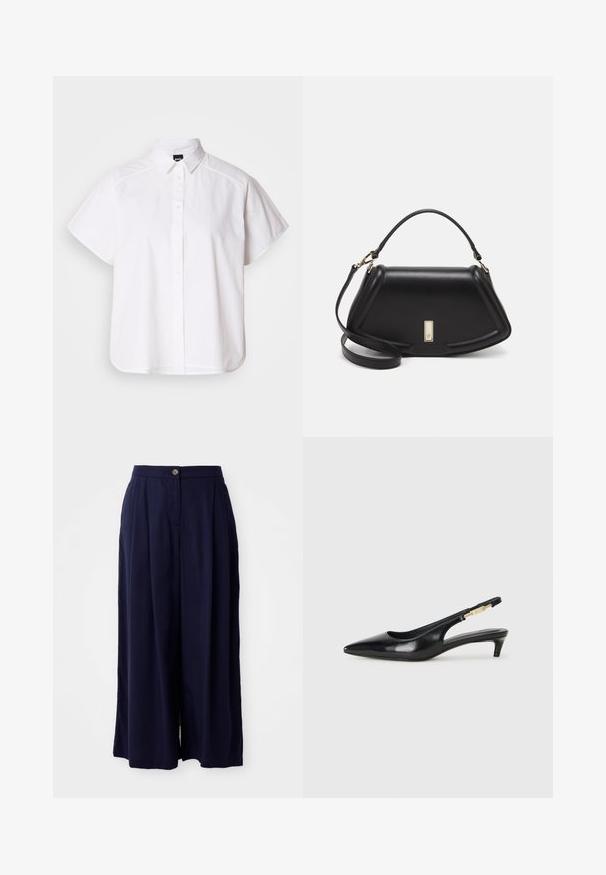White short-sleeve button-up shirt with a pointed collar and curved hem. Made from cotton with a smooth texture and no visible patterns.; Navy blue wide-leg trousers with high waist, front button closure, and pleated detailing on white background.; Black leather slingback heels with a pointed toe, featuring a slim heel and a gold-tone accent on the adjustable strap. Smooth texture.; Black leather handbag with a structured design, featuring a cropped shape, top handle, and gold hardware accent. Adjustable shoulder strap included.