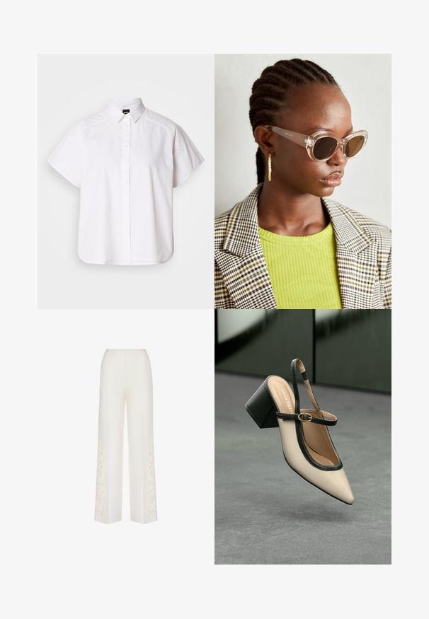 Weißes kurzärmliges Hemd mit Knopfleiste, spitzem Kragen und abgerundetem Saum. Hergestellt aus Baumwolle mit glatter Textur und ohne sichtbare Muster.; Weiße weit geschnittene Hosen aus leichtem Stoff, mit zarter floralem Stickerei an den Seiten und einem klaren, maßgeschneiderten Design.; Beige Slingback-Schuh mit spitzer Zehenpartie, schwarzer Umrandung, goldener Schnalle und dicker Blockabsatz auf grauem Boden vor dunklem grünen Hintergrund.; Klare Cat-Eye-Sonnenbrille mit braunen Gläsern und transparentem Gestell. Modell trägt ein grünes geripptes Oberteil und einen karierter Blazer. Goldene Hoop-Ohrringe.