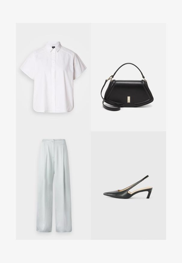 White short-sleeve button-up shirt with a pointed collar and curved hem. Made from cotton with a smooth texture and no visible patterns.; Light gray wide-leg trousers with a smooth texture, featuring a front button closure and pleated design for added detail.; Black pointy-toed slingback shoe with a low heel, featuring smooth leather material and cut-out design on the side for breathability.; Black leather handbag with a structured design, featuring a cropped shape, top handle, and gold hardware accent. Adjustable shoulder strap included.