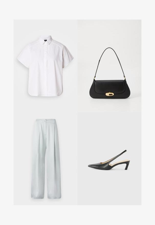 Hvit kortermet skjorte med knapper, spiss krage og buet skjortekant. Laget av bomull med en glatt tekstur og uten synlige mønstre.; Lys grå vidbukser med en glatt tekstur, med frontknapp-lukking og plissering for ekstra detaljer.; Svart spiss tå slingback-sko med lav hæl, laget av jevnt skinnmateriale og med utskåret design på siden for pusteevne.; Svart lærveske med en buet design, gullfarget hardware og et håndtak på toppen. Har en elegant lukking og glatt tekstur.