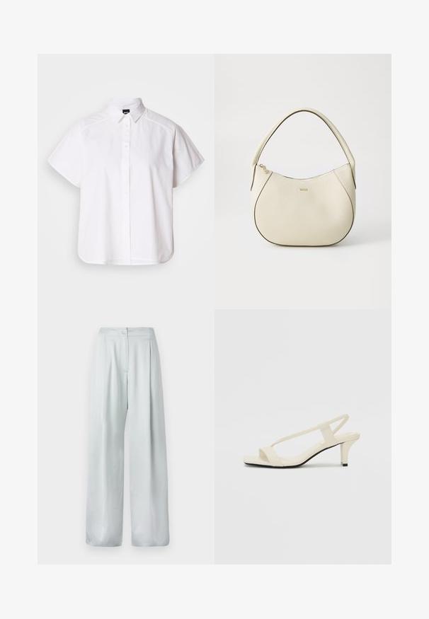 Fehér, rövid ujjú, gombos ing, hegyes gallérral és ívelt alsó résszel. Pamutból készült, sima textúrával és látható minták nélkül.; Világosszürke, bővérű nadrág sima textúrával, elöl gombos záródással és plissé díszítéssel.; Beige színű, blokksarkú szandálok vékony pántokkal és négyzet alakú orral. Simább anyag, minimális részletezéssel, amely könnyű viselésre lett tervezve.; Krém színű kézi táska texturált felülettel, ívelt formával, rövid fogantyúval és arany színű logó részlettel. Cipzáros záródás a tetején.