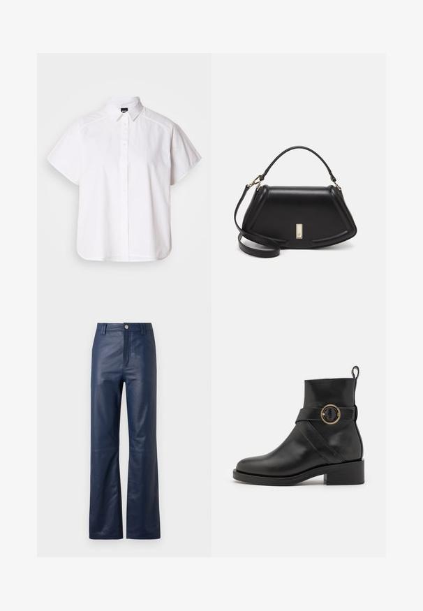 Chemise blanche à manches courtes, à boutons, avec un col pointu et un ourlet arrondi. Fabriquée en coton, elle possède une texture lisse et sans motifs visibles.; Pantalons en cuir bleu marine avec une coupe droite, dotés d'une fermeture éclair à l'avant, d'un bouton de fermeture et d'une texture lisse.; BOSS IRYNA BOOTIE - Bottines à plateau - black; Sac à main en cuir noir avec un design structuré, featuring une forme cropped, une poignée supérieure et des accents en matériel doré. Bandoulière réglable incluse.