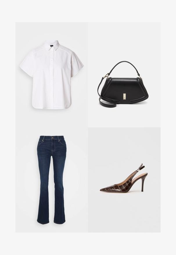 Weißes kurzärmliges Hemd mit Knopfleiste, spitzem Kragen und abgerundetem Saum. Hergestellt aus Baumwolle mit glatter Textur und ohne sichtbare Muster.; Dunkelblaue Schlagjeans aus Denim; hohe Taille, fünf Taschen, goldene Hardware-Akzente und glatte Textur mit subtiler Ausbleichung an den Oberschenkeln.; Braune, krokodil-prägierte Leder-Slingback-Pumps mit spitzem Schuhkopf, offenem Seitenbereich und dünnem hohen Absatz. Mit einer Schnallenverstellung gestaltet.; Schwarze Lederhandtasche mit einem strukturierten Design, das eine verkürzte Form, einen oberen Griff und goldfarbene Hardware-Details aufweist. Verstellbarer Schulterriemen ist enthalten.