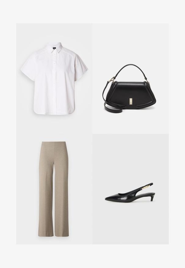 Valkoinen lyhythihainen nappikauluspaita, jossa on terävä kaulus ja kaareva helma. Valmistettu puuvillasta, jossa on sileä pinta ja ei havaittavissa olevia kuvioita.; Beige levele trouserit, joita on valmistettu teksturoidusta kankaasta. Niissä on korkea vyötärö ja ei näkyviä kiinnityksiä tai taskuja. Sujuva, muotoiltu siluetti.; Mustat nahkaiset slingback-korkokengät, joissa on terävä kärki, ohuet korot ja kultasävytteinen yksityiskohta säädettävässä hihnassa. Silkkinen pinta.; Mustalla nahkalaukulla, jossa on jämäkkä muotoilu, lyhyt malli, yläkahva ja kultaiset yksityiskohdat. Säädettävä olkahihna sisältyy.