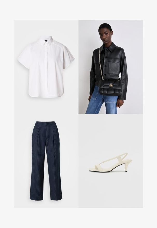 Fehér, rövid ujjú, gombos ing, hegyes gallérral és ívelt alsó résszel. Pamutból készült, sima textúrával és látható minták nélkül.; Tengerés pinstriped nadrág magas derékkal, pliszírozott elülső résszel és széles szárakkal. Texturált anyagból készült, függőleges fehér csíkokkal.; Beige színű, blokksarkú szandálok vékony pántokkal és négyzet alakú orral. Simább anyag, minimális részletezéssel, amely könnyű viselésre lett tervezve.; Fekete bőrkabát gombos záródással és két elülső zsebbel, fekete steppelt kézitáskával párosítva, amely arany csattal és lánc pánttal rendelkezik.