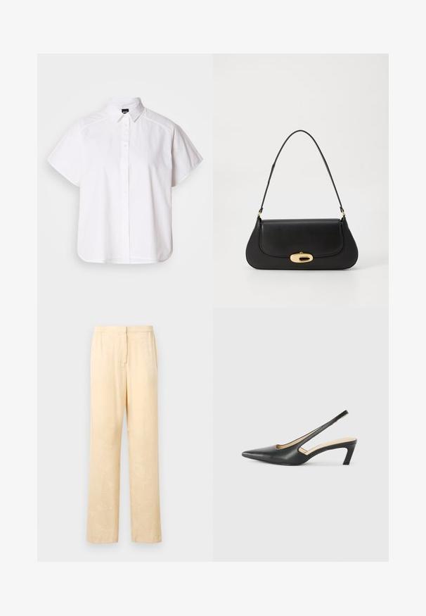 Hvid kortærmet skjorte med knaplukning, spidse kraver og buet nederste kant. Lavet af bomuld med en glat struktur og uden synlige mønstre.; Lysegule, løst siddende bukser med et subtilt bladmønster. Har en elastisk talje og lige ben. Glat tekstur.; Sorte spidse slingback-sko med en lav hæl, lavet af glat læder og med udskæringer på siden for åndbarhed.; Sort læderhåndtaske med et buet design, guldfarvet hardware og en øverste håndtag. Har en strømlinet lukning og en glat tekstur.