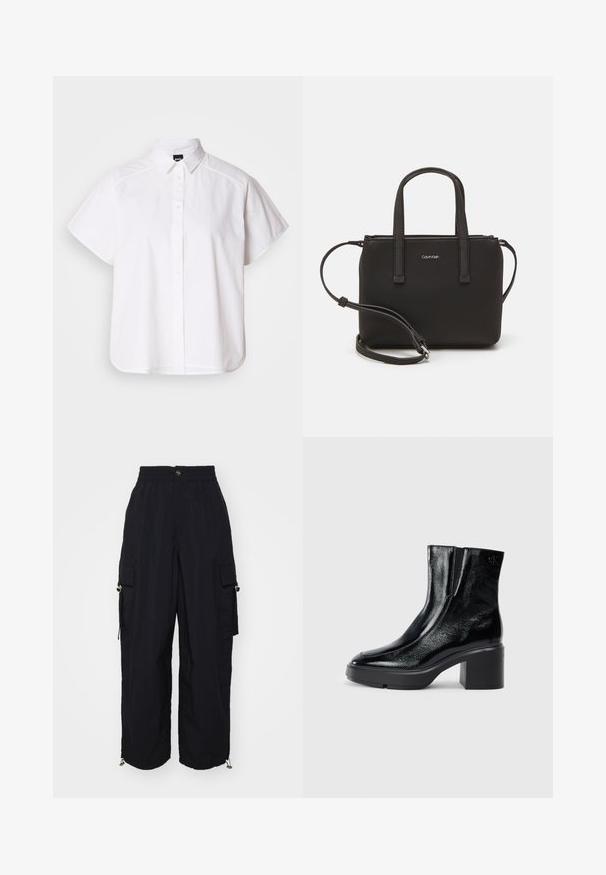 Valge lühikeste varrukatega nööpidega särk, millel on terav krae ja kõver hems. Valmistatud puuvillast, millel on sile tekstuur ja nähtamatud mustrid.; Mustad kottpüksid, millel on lõtv istuvus, elastne vöökoht, küljetaskud ja reguleeritavad mansetid. Valmistatud kergest materjalist, millel on kuldsetest komponentidest aktsendid.; Mustmustest must paeltega särkide, millel on kõver varvas, elastsed külgpaneelid ja jäme plokkpealse. Tagaküljel on reljeefne logo.; Musthave mustrans vöö ja eemaldatav õlarihm. Gludike nahk siledaga, millel on tõmblukk ja logo detail.