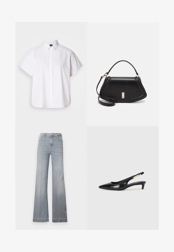 Hvit kortermet skjorte med knapper, spiss krage og buet skjortekant. Laget av bomull med en glatt tekstur og uten synlige mønstre.; Lys grå, høy på livet, slengbukser i denim. Har fem lommer, lukking med knapp foran, og en ren hem med subtil fading på bena.; Sorte lærreim hæler med spiss tå, som har en slank hæl og en gullfarget detalj på den justerbare stroppen. Glatt tekstur.; Sort lærveske med en strukturert design, som har en avkortet form, topphåndtak og detaljer i gull. Justerbar skulderstropp inkludert.