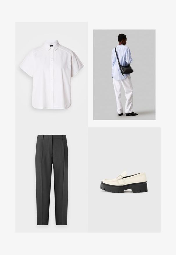 Balta īsajām piedurknēm krekls ar pogām un norādītu apkakli, kā arī viļņotu apakšmalu. Izgatavots no kokvilnas ar gludu tekstūru un bez redzamām rakstām.; Ogļu pelēkas šūtas bikses ar gludu priekšpusi, sānu kabatām un taisnu kāju dizainu ar gludu tekstūru.; Baltā ādas loafera ar masīvu melnu platformu, ar taisnstūra sudraba sprādzi un redzamām šuvām augšējā daļā.; Melna ādas plecu soma ar mīkstu tekstūru, trīsstūra formu un regulējamu siksnu, apvienota ar gaiši zilu svītrotu krekli un baltām biksēm.