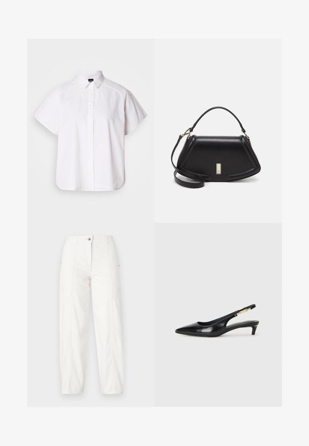 White short-sleeve button-up shirt with a pointed collar and curved hem. Made from cotton with a smooth texture and no visible patterns.; White cargo pants with a straight leg design, featuring side pockets, a button closure, and visible stitching details. Smooth, durable fabric.; Black leather slingback heels with a pointed toe, featuring a slim heel and a gold-tone accent on the adjustable strap. Smooth texture.; Black leather handbag with a structured design, featuring a cropped shape, top handle, and gold hardware accent. Adjustable shoulder strap included.