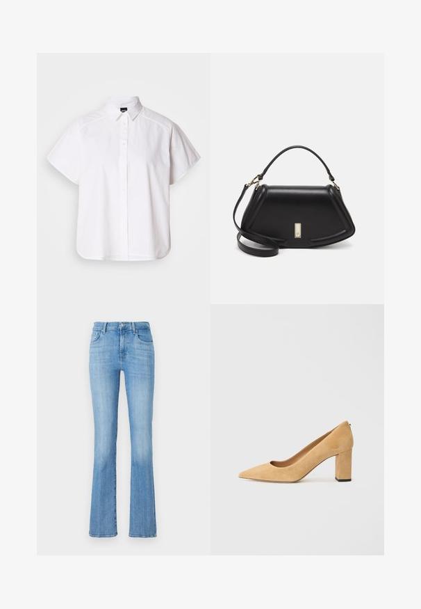White short-sleeve button-up shirt with a pointed collar and curved hem. Made from cotton with a smooth texture and no visible patterns.; Light blue flared denim jeans with a high waist, featuring five pockets, a front button closure, and a faded, slightly distressed texture.; Beige suede high-heeled pump with a pointed toe and a chunky block heel. The material has a soft texture with a smooth finish.; Black leather handbag with a structured design, featuring a cropped shape, top handle, and gold hardware accent. Adjustable shoulder strap included.