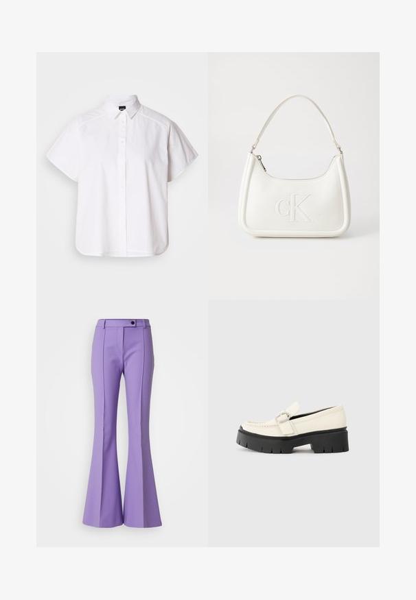 Valge lühikeste varrukatega nööpidega särk, millel on terav krae ja kõver hems. Valmistatud puuvillast, millel on sile tekstuur ja nähtamatud mustrid.; HUGO Püksid - open purple; Valge nahast loafer, millel on massiivne must platvormi tald, neljakandiline hõbedane pandla ja nähtavalt õmblusdetail ülaserval.; Valge nahast käekott, millel on kumer kuju, esiküljel on reljeefne "CK" logo ja üks õlavarre rihm. Ülemine tõmblukkuu.