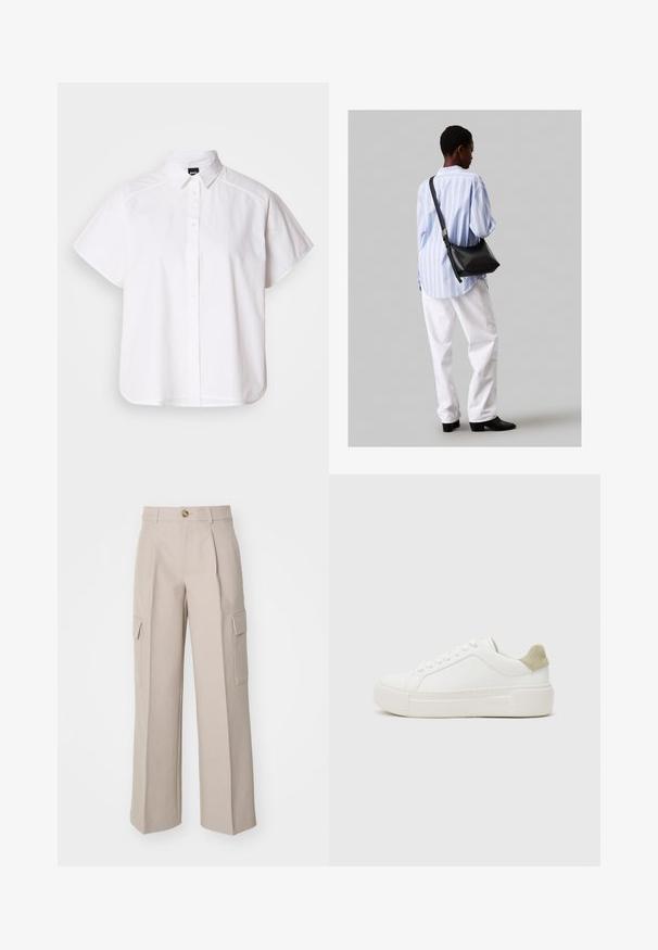 Biela krátka košeľa s krátkym rukávom a výstrihom do špica, s oblým lemom. Vyrobená z bavlny s hladkou textúrou a bez viditeľných vzorov.; Béžové široké nohavice vyrobené z látky, s prednými skladmi a dvoma bočnými cargo vreckami. Zahrnuté je predné zapínanie na gombík.; Biele tenisky s hladkým koženým vrchom, svetlosivým semišovým akcentom na päte a masívnou bielou gumovou podrážkou. Obsahujú viazací dizajn.; Čierna kožená ramenná taška so mäkkou textúrou, trojuholníkovým tvarom a nastaviteľným popruhom, skombinovaná s svetlomodrou pruhovanou košeľou a bielymi nohavicami.
