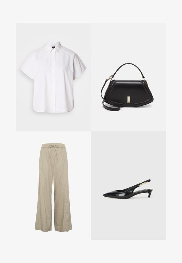 Valkoinen lyhythihainen nappikauluspaita, jossa on terävä kaulus ja kaareva helma. Valmistettu puuvillasta, jossa on sileä pinta ja ei havaittavissa olevia kuvioita.; Beige levele leggar som är tillverkade av ett lätt tyg, med dragsko i midjan och sidofickor. Slät textur, minimalistisk design.; Mustat nahkaiset slingback-korkokengät, joissa on terävä kärki, ohuet korot ja kultasävytteinen yksityiskohta säädettävässä hihnassa. Silkkinen pinta.; Mustalla nahkalaukulla, jossa on jämäkkä muotoilu, lyhyt malli, yläkahva ja kultaiset yksityiskohdat. Säädettävä olkahihna sisältyy.