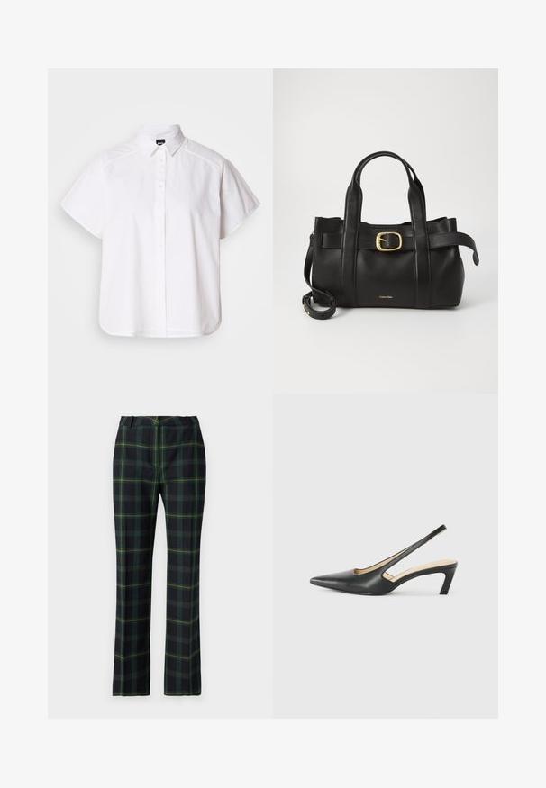 Balta trumpomis rankovėmis marškinėlių su atlenkiamu apykakle ir kreiva apačia. Pagaminta iš medvilnės, su sklandžiu paviršiumi ir be matomų raštų.; Juodos ir žalios languotos kelnės su geltonais ir raudonais akcentais, tiesaus kirpimo, su plokščiu juosmeniu.; Juodas smailus slingback batelis su žemu kulnu, pagamintas iš lygaus odos paviršiaus ir su išpjovomis šone, užtikrinančiomis oro pralaidumą.; Juodas odinis rankinės maišas su struktūrizuotu dizainu, dviem viršutinėmis rankenomis, auksinės spalvos sagtimi ir iškilniu prekės ženklu priekyje.