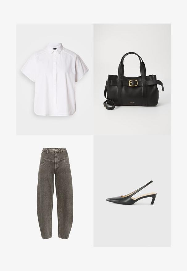 Balta trumpomis rankovėmis marškinėlių su atlenkiamu apykakle ir kreiva apačia. Pagaminta iš medvilnės, su sklandžiu paviršiumi ir be matomų raštų.; Gestuz JOSIE BARREL - Platėjantys džinsai - greige denim wash; Juodas smailus slingback batelis su žemu kulnu, pagamintas iš lygaus odos paviršiaus ir su išpjovomis šone, užtikrinančiomis oro pralaidumą.; Juodas odinis rankinės maišas su struktūrizuotu dizainu, dviem viršutinėmis rankenomis, auksinės spalvos sagtimi ir iškilniu prekės ženklu priekyje.