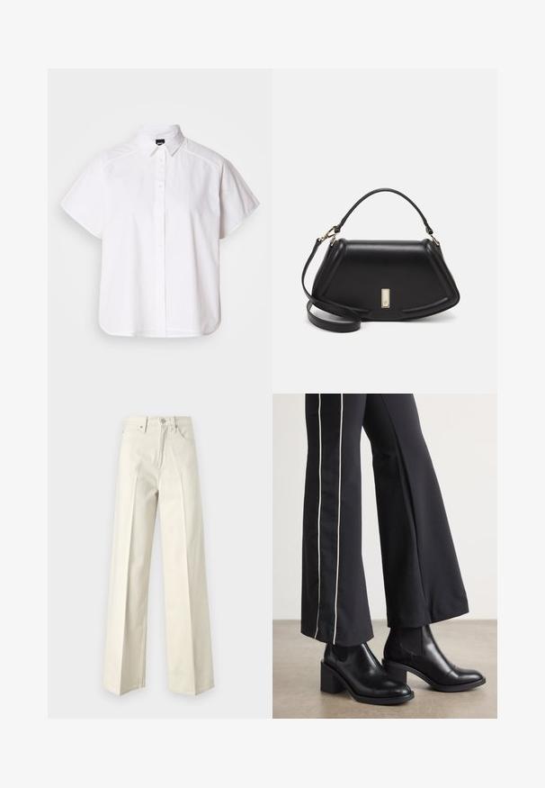 Weißes kurzärmliges Hemd mit Knopfleiste, spitzem Kragen und abgerundetem Saum. Hergestellt aus Baumwolle mit glatter Textur und ohne sichtbare Muster.; Weite Jeans aus off-weißem Baumwoll-Denim. Merkmale sind eine hohe Taille, ein Frontknopfverschluss und ein klassisches Fünf-Taschen-Design mit minimaler Naht.; Schwarze Lederstiefeletten mit einem Blockabsatz, ausgestattet mit elastischen seitlichen Einsätzen. Kombiniert mit schwarzen Hosen, die einen weißen Seitenstreifen haben.; Schwarze Lederhandtasche mit einem strukturierten Design, das eine verkürzte Form, einen oberen Griff und goldfarbene Hardware-Details aufweist. Verstellbarer Schulterriemen ist enthalten.