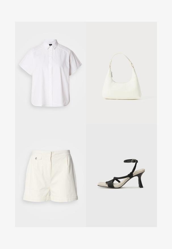 Chemise blanche à manches courtes, à boutons, avec un col pointu et un ourlet arrondi. Fabriquée en coton, elle possède une texture lisse et sans motifs visibles.; Shorts en coton blancs avec une taille plate, poches latérales, plis sur le devant et un bouton unique pour la fermeture à la taille. Silhouette ajustée, texture lisse.; Sandale à talon noir avec un design de brides tressées, bout carré et bride de cheville réglable. Semelle intérieure beige claire avec un talon noir brillant.; Petit sac blanc à épaule avec une seule bandoulière ajustable et une fermeture éclair, sur un fond blanc uni.