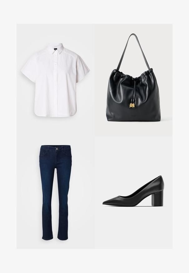 Fehér, rövid ujjú, gombos ing, hegyes gallérral és ívelt alsó résszel. Pamutból készült, sima textúrával és látható minták nélkül.; Tengerészkék farmernadrág egyenes lábbal, elülső és hátsó zsebekkel, gombos záródással és sima textúrával.; Fekete bőr bokapumpa hegyes orral és vastag négyzetes sarkal. Simaságot árasztó textúra, letisztult design, alkalmas formális környezetekhez.; Fekete bőr húzózsinóros táska sima felülettel, összegyűjtött tetejével és diszkrét arany kiegészítőkkel. Egyetlen strapabíró pánttal és dombornyomott logóval rendelkezik.