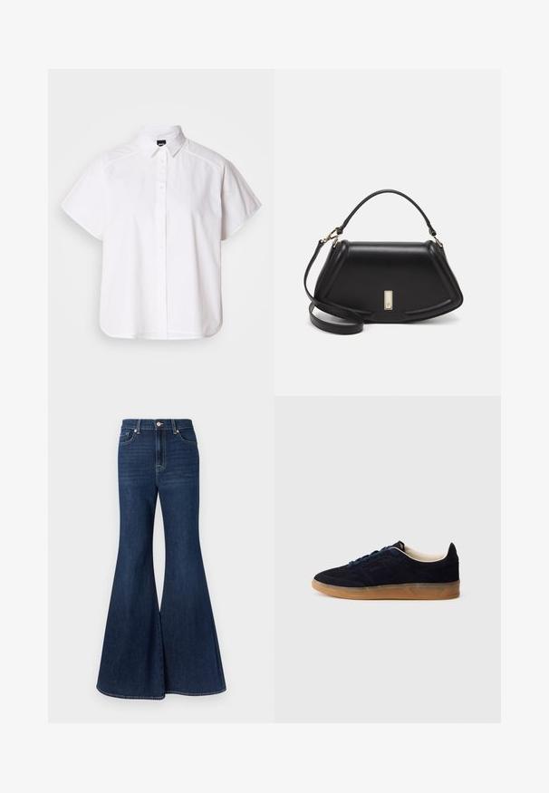 White short-sleeve button-up shirt with a pointed collar and curved hem. Made from cotton with a smooth texture and no visible patterns.; Dark blue denim flared jeans with a high waist, featuring a front button closure and contrasting stitching along the seams.; Navy suede sneaker with a gum rubber sole, blue laces, and minimalist design. Features embossed logo on the side and smooth inner lining.; Black leather handbag with a structured design, featuring a cropped shape, top handle, and gold hardware accent. Adjustable shoulder strap included.