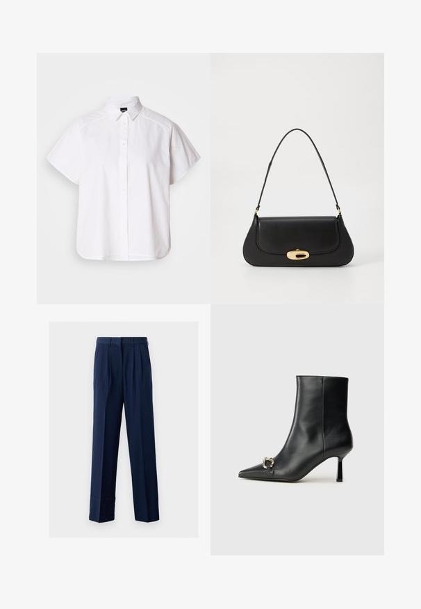 Fehér, rövid ujjú, gombos ing, hegyes gallérral és ívelt alsó résszel. Pamutból készült, sima textúrával és látható minták nélkül.; Sötétkék, pleátos, testreszabott nadrág, egyenes szára van, könnyű anyagból készült. Övvel ellátott derékpánttal rendelkezik.; Fekete bőr bokacsizma hegyes orral, vékony közép magasságú sarokkal és ezüst csattal az oldalon, sima háttér előtt.; Fekete bőr táska ívelt kialakítással, arany színű fémrészletekkel és felső fogantyúval. Csúszásmentes záródás és sima textúra jellemzi.