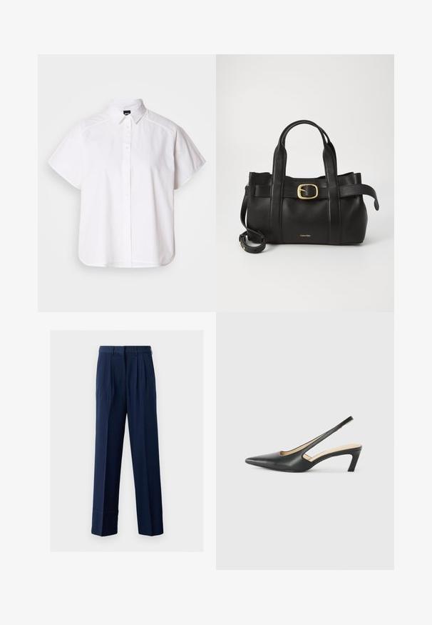 Fehér, rövid ujjú, gombos ing, hegyes gallérral és ívelt alsó résszel. Pamutból készült, sima textúrával és látható minták nélkül.; Sötétkék, pleátos, testreszabott nadrág, egyenes szára van, könnyű anyagból készült. Övvel ellátott derékpánttal rendelkezik.; Fekete, hegyes orrú, slingback cipő alacsony sarkával, sima bőrből készült, oldalt kivágott deisgnal a légáteresztőképesség érdekében.; Fekete bőr kézitáska, amely strukturált kialakítással rendelkezik, dupla felső fogantyúval, arany tónusú csattal és a márka dombornyomott logójával az elején.