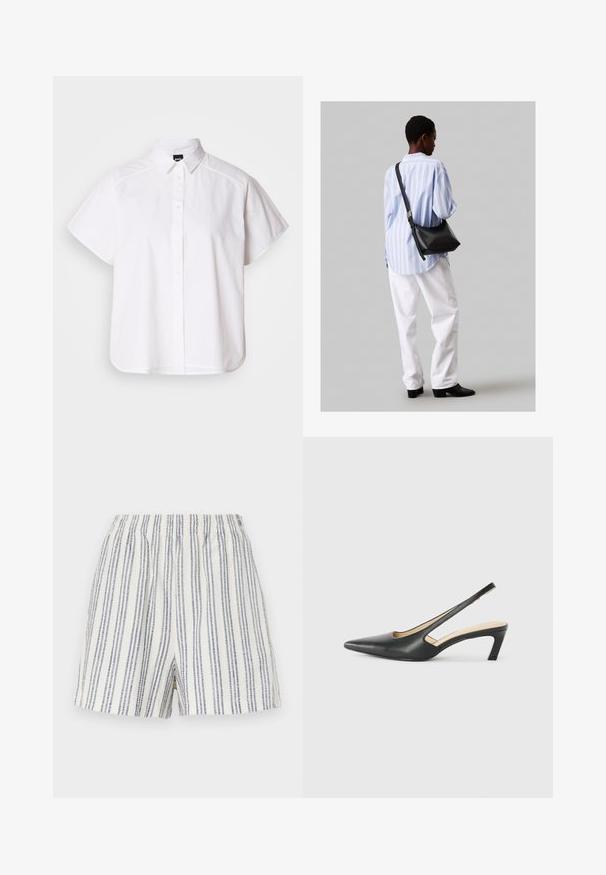 Balta īsajām piedurknēm krekls ar pogām un norādītu apkakli, kā arī viļņotu apakšmalu. Izgatavots no kokvilnas ar gludu tekstūru un bez redzamām rakstām.; Joslas šorti, kas izgatavoti no viegla auduma, ar vertikālām ziliem un baltiem svītrainiem rakstiem, elastīgu jostas vietu un brīvu piegriezumu.; Melna, ar smailu purngalu, slingback kurpe ar zemu papēdi, izgatavota no gludas ādas materiāla un ar izgriezumiem sānos gaisa caurlaidībai.; Melna ādas plecu soma ar mīkstu tekstūru, trīsstūra formu un regulējamu siksnu, apvienota ar gaiši zilu svītrotu krekli un baltām biksēm.