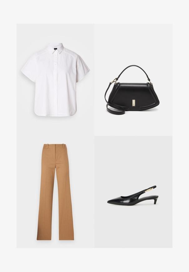 Weißes kurzärmliges Hemd mit Knopfleiste, spitzem Kragen und abgerundetem Saum. Hergestellt aus Baumwolle mit glatter Textur und ohne sichtbare Muster.; HUGO HULANA - Chino - open brown; Schwarze Leder-Slingback-Pumps mit spitzem Schuhblatt, ausgestattet mit einem schlanken Absatz und einem goldfarbigen Akzent am verstellbaren Riemen. Glatte Textur.; Schwarze Lederhandtasche mit einem strukturierten Design, das eine verkürzte Form, einen oberen Griff und goldfarbene Hardware-Details aufweist. Verstellbarer Schulterriemen ist enthalten.