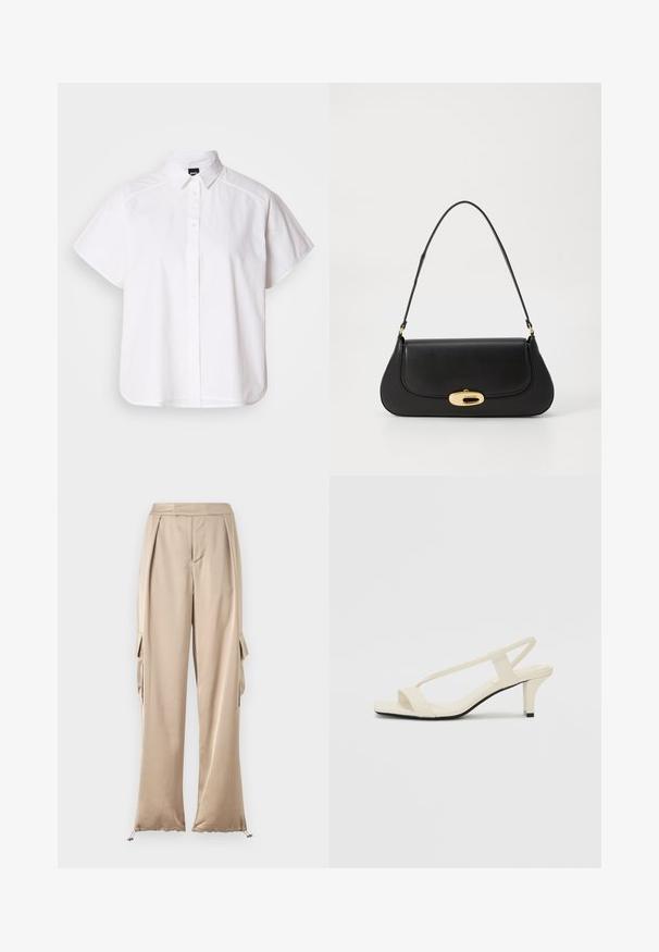 Valge lühikeste varrukatega nööpidega särk, millel on terav krae ja kõver hems. Valmistatud puuvillast, millel on sile tekstuur ja nähtamatud mustrid.; Beez, laiad jalgpüksid siledast kangast. Omavad küljetaskuid klapidega ja reguleeritavaid allääri nööre. Lame eesmine osa voldidega.; Beez blok-kandadesed õhukeste rihmadega ja ruudukujulise varbaga. Sile materjal minimaalsete detailidega, kujundatud mugavaks kandmiseks.; Mustroone nahast käekott kaarjate vormidega, kuldse tooni detailide ja ülemise käepideme ning sujuva sulgemise ja sileda tekstuuriga.