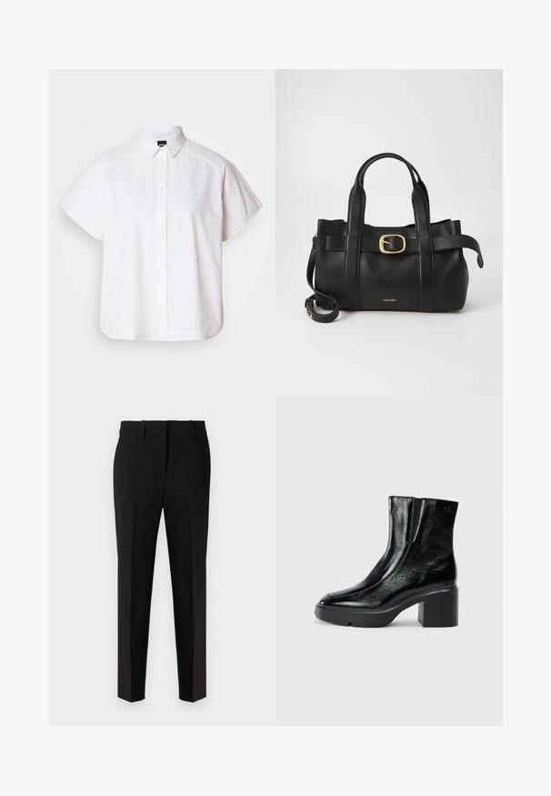 Weißes kurzärmliges Hemd mit Knopfleiste, spitzem Kragen und abgerundetem Saum. Hergestellt aus Baumwolle mit glatter Textur und ohne sichtbare Muster.; Schwarze Anzughose mit geradem Bein-Design, hergestellt aus glattem Stoff. Sie verfügt über einen flachen Bund, Gürtelschlaufen und eine maßgeschneiderte Verarbeitung.; Schwarze Lackleder-Stiefeletten mit einer geschwungenen Zehenpartie, elastischen Seiteneinsätzen und einem klobigen Blockabsatz. Mit geprägtem Logo auf der Rückseite.; Schwarze Lederhandtasche mit strukturiertem Design, doppelten oberen Griffen, goldfarbenem Schnallenakzent und geprägtem Markenlogo auf der Vorderseite.