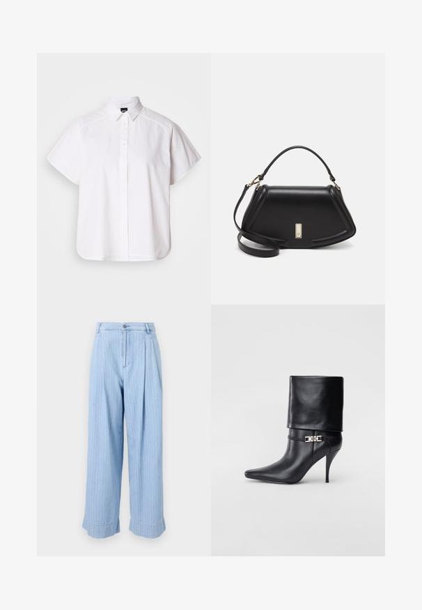 Camicia bianca a maniche corte con colletto a punta e orlo curvo. Realizzata in cotone con una texture liscia e senza motivi visibili.; Pantaloni in denim blu chiaro con righe bianche verticali, fronte plissettato, gambe ampie e orli risvoltati. Chiusura tipica con bottone e zip.; Stivale ankle in pelle nera con punta affusolata, alto tacco a stiletto, risvolto sulla caviglia e un elegante dettaglio in oro con fibbia decorativa.; Borsa a mano in pelle nera con un design strutturato, caratterizzata da una forma corta, manico superiore e accessori in metallo dorato. Inclusa tracolla regolabile.